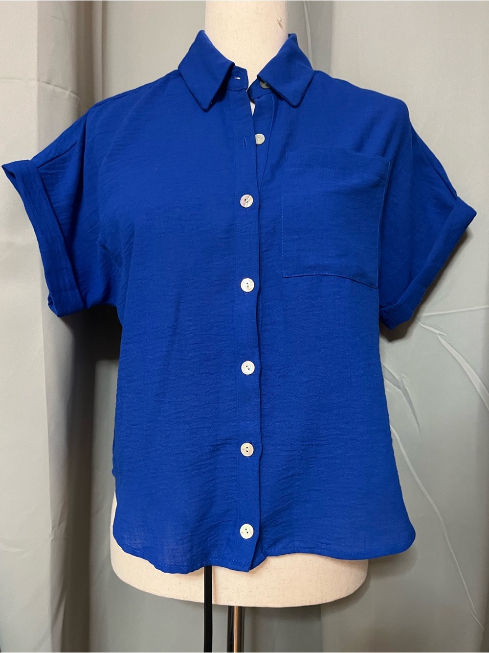 Classic Button-Front Short Sleeve Top in Cobalt blue